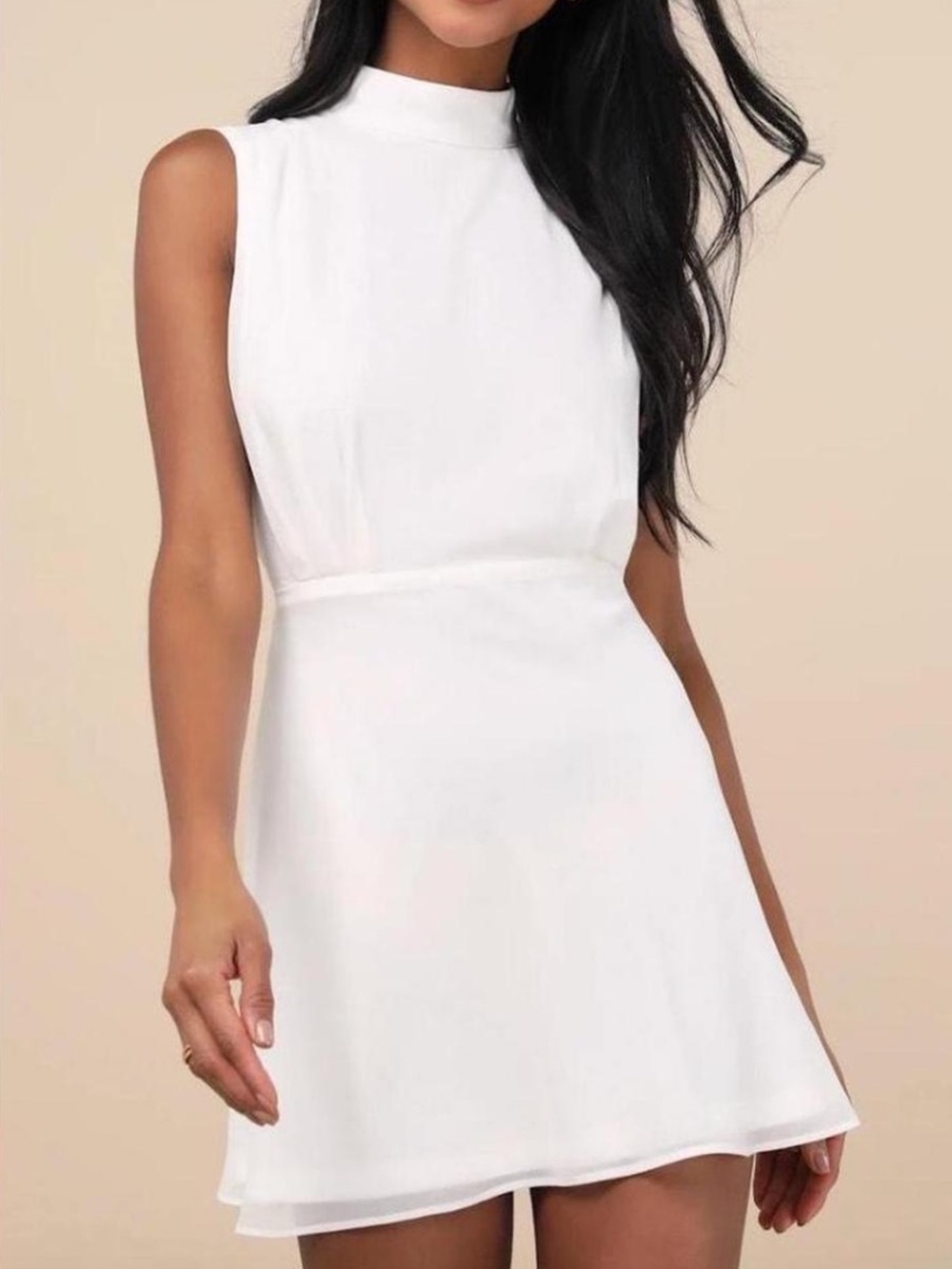 New Lulus Classic Elegance White Chiffon Sleeveless Mock Neck Mini Dress Size S